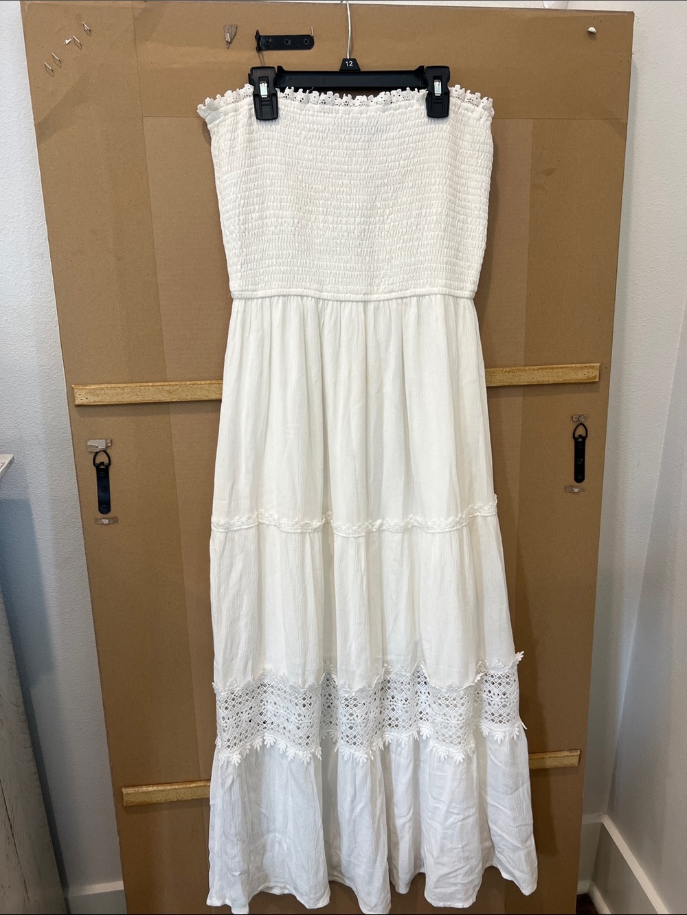 ZESICA White Strapless Smocked Maxi with Crochet Lace